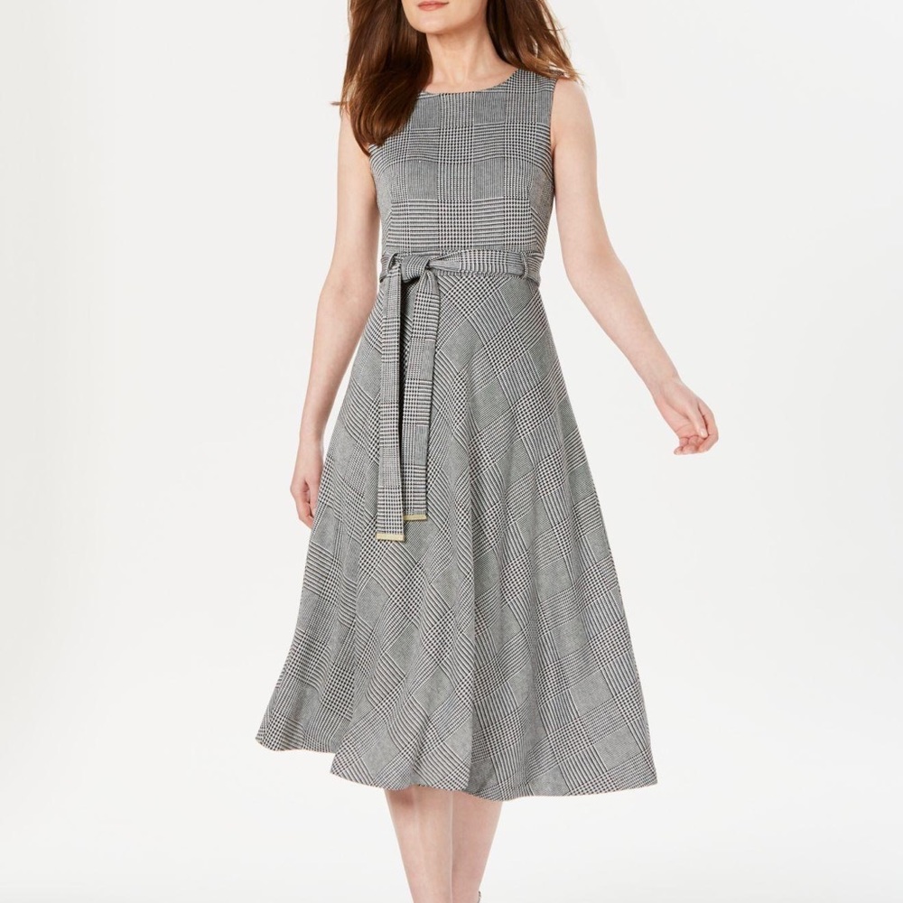 Calvin Klein Glen Plaid Belted Midi Dress, Sz8